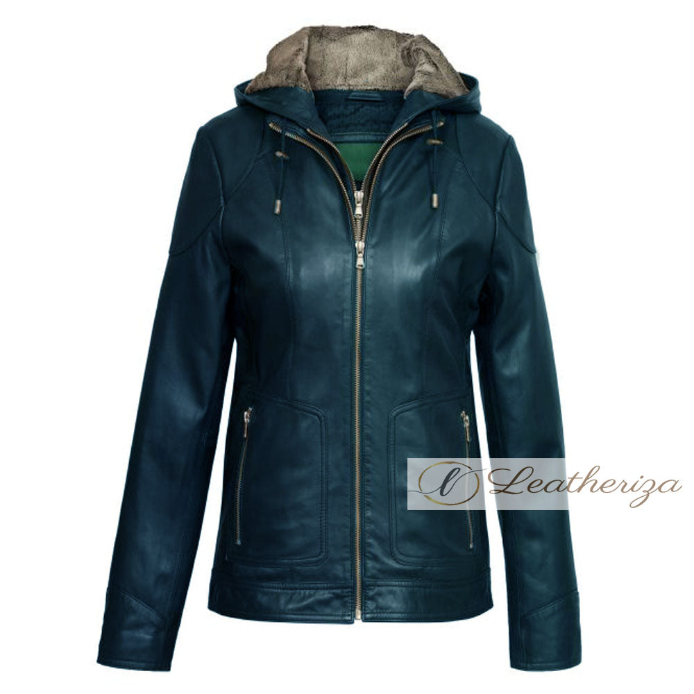 Dark Blue Shearling Real Leather Coat For Women