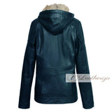 Dark Blue Shearling Real Leather Coat For Women