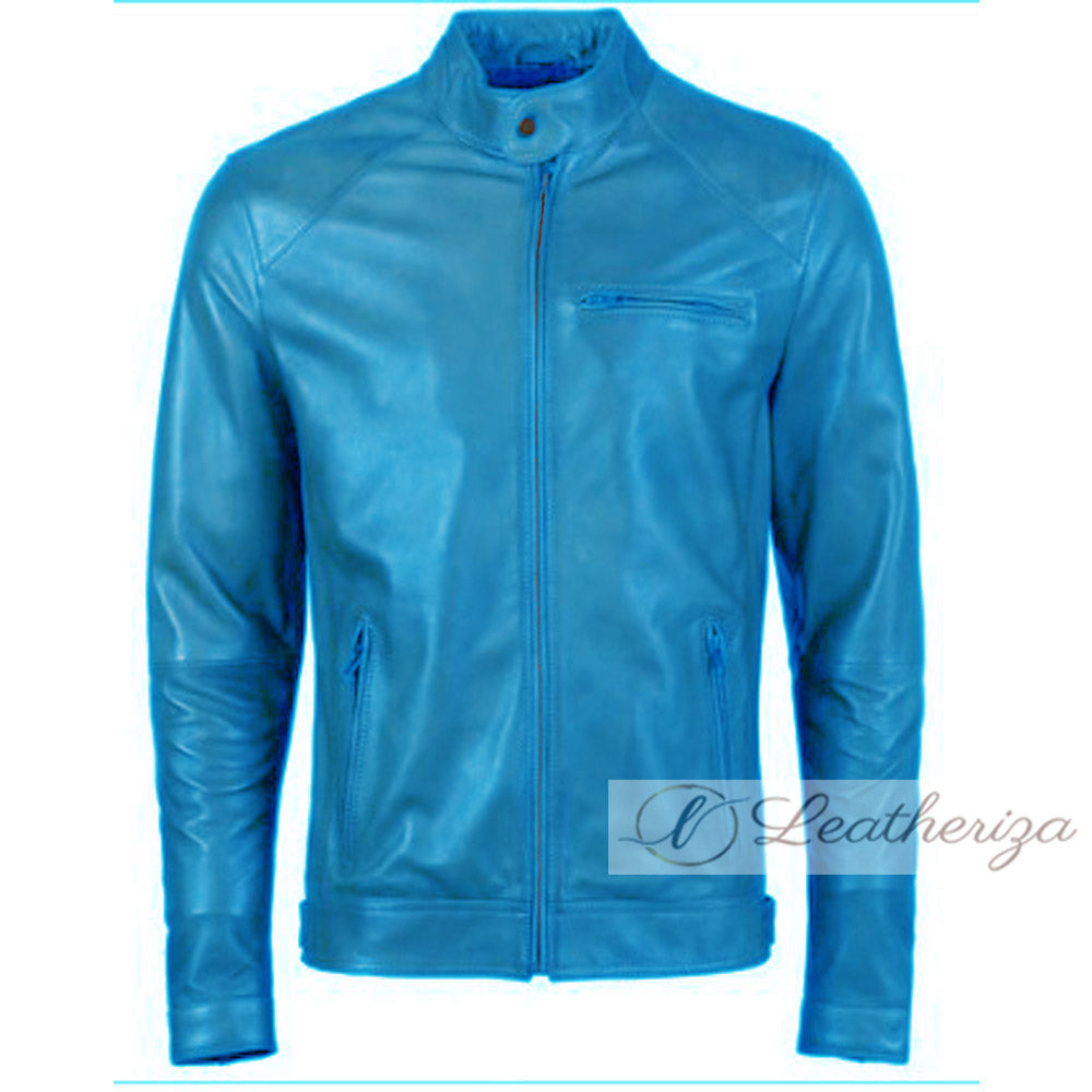 Sky Blue Voguish Biker's Leather Jacket For Men