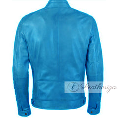 Sky Blue Voguish Biker's Leather Jacket For Men