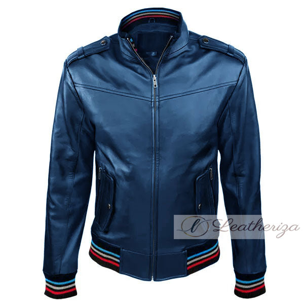 Modern Blue Stylish Bomber Men's Leather Jacket