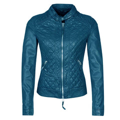 Women's Classical Blue Elegant Leather Jacket