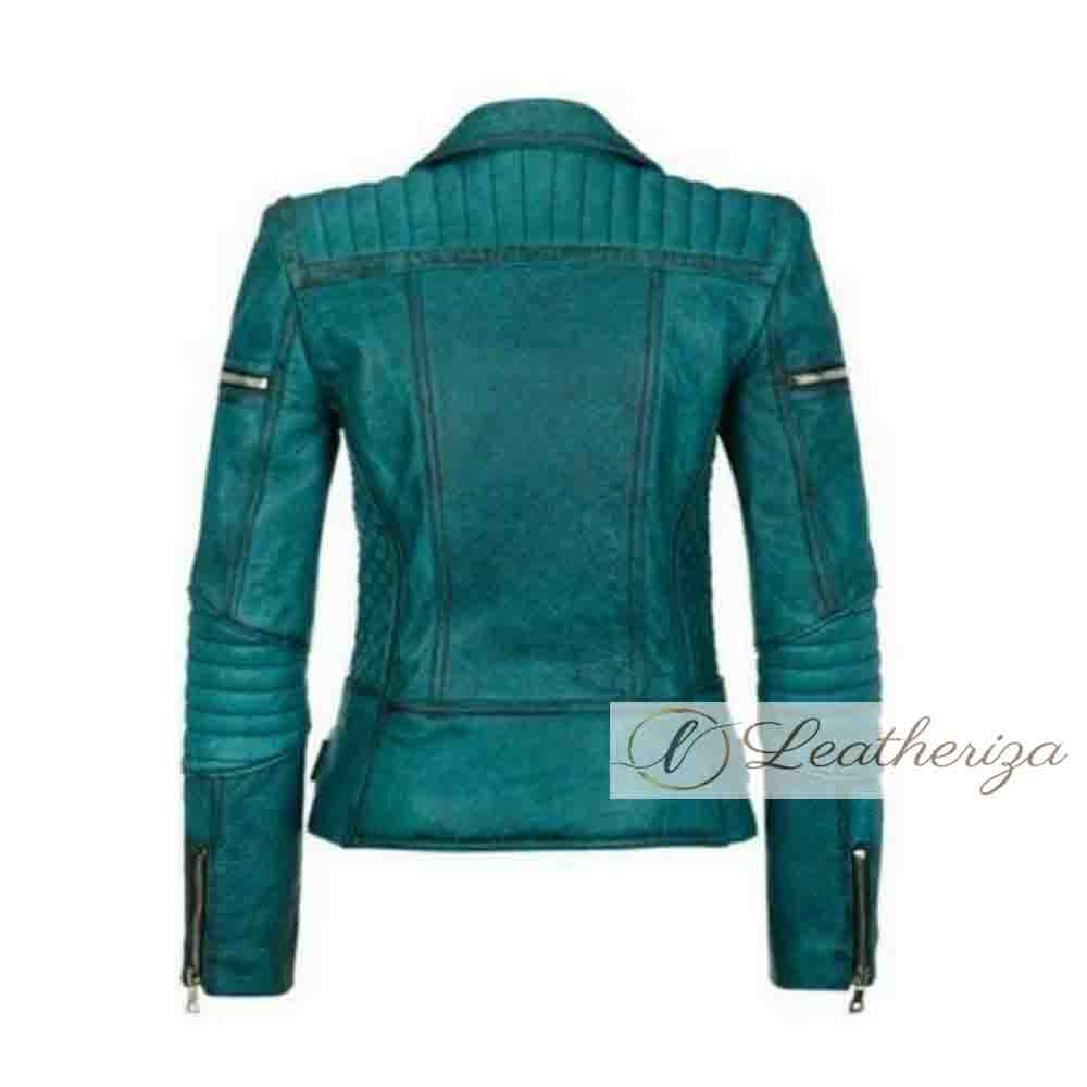 Snake Print Sea Green Women's Leather Jacket