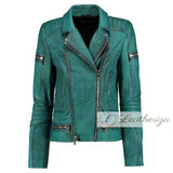 Snake Print Sea Green Women's Leather Jacket