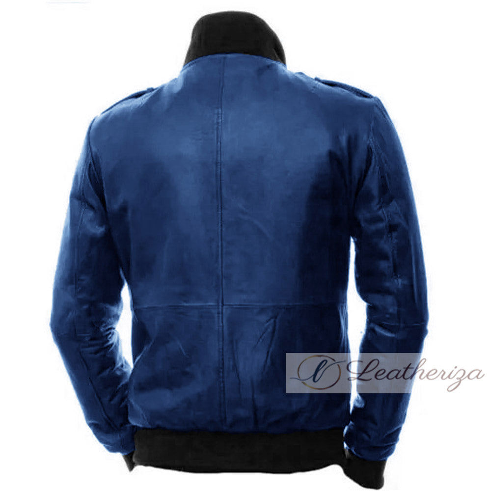 Berry Blue Modish Bomber Leather Jacket For Men