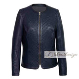 Navy Blue Women's Bomber Leather Jacket