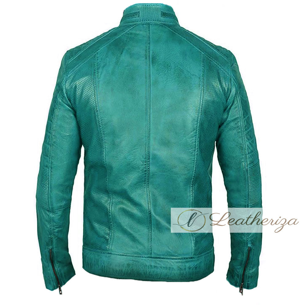 Ocean Blue Vintage Biker's Leather Jacket For Men