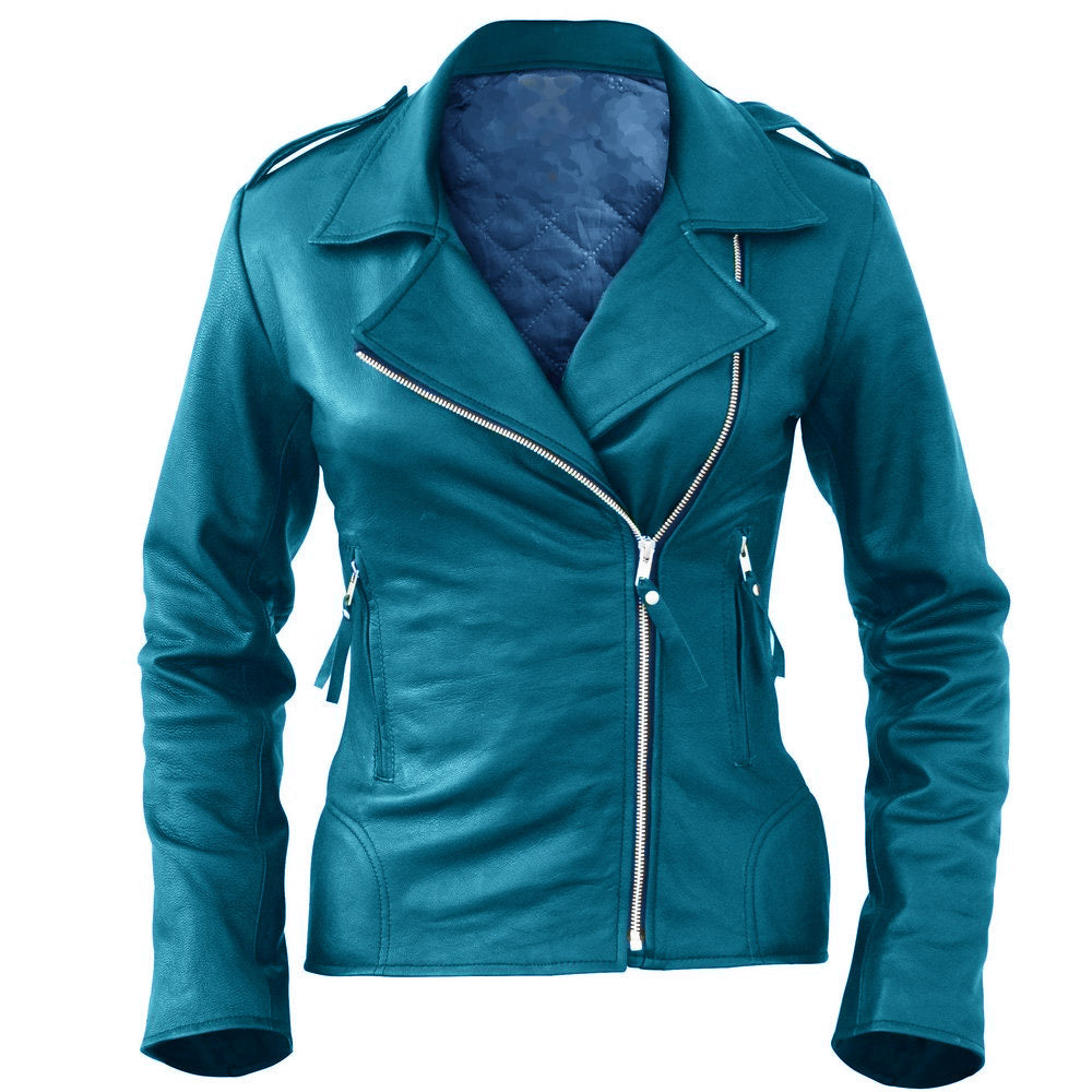 Ocean Blue Snazzy Women's Leather Jacket