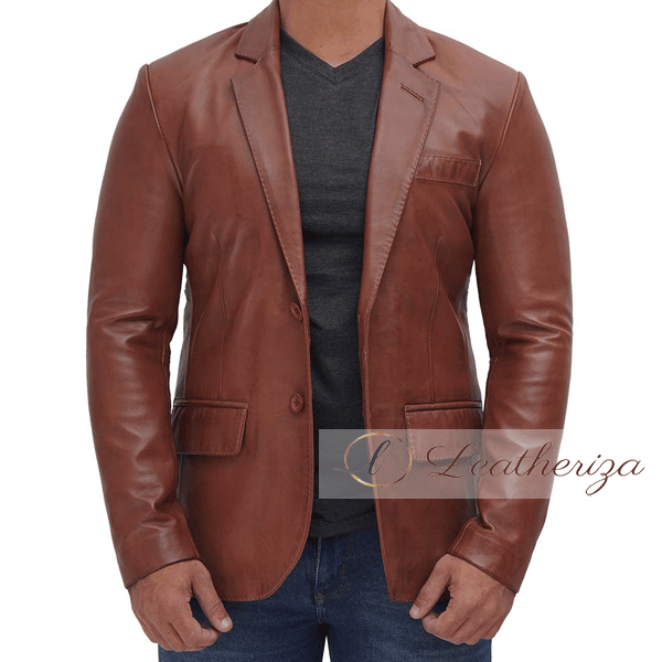 Brown Leather Blazer Jacket For Men