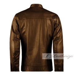 Walnut Brown Men's Leather Jacket with Strips