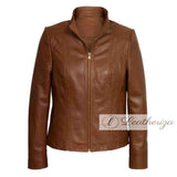 Elegant Biker Brown Leather Jacket For Women