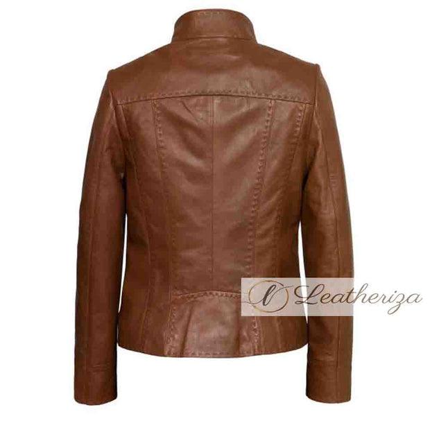 Elegant Biker Brown Leather Jacket For Women