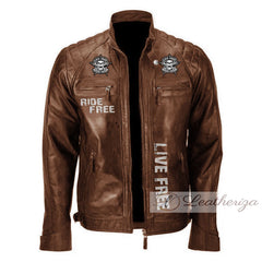 Ride Free Skull Brown Biker Men's Leather Jacket