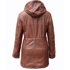 Women's Stylish Brown Leather Coat with Hood