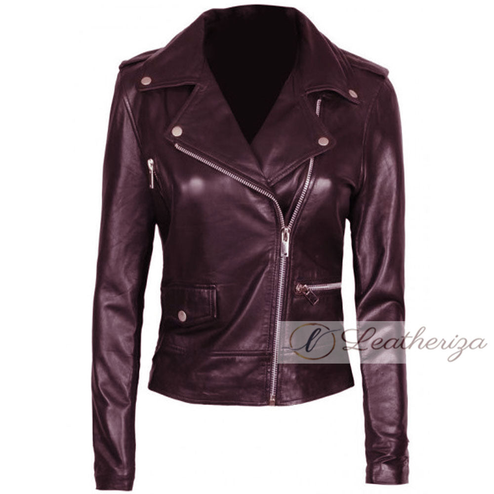 Stylish Burgundy Women's Biker Leather Jacket