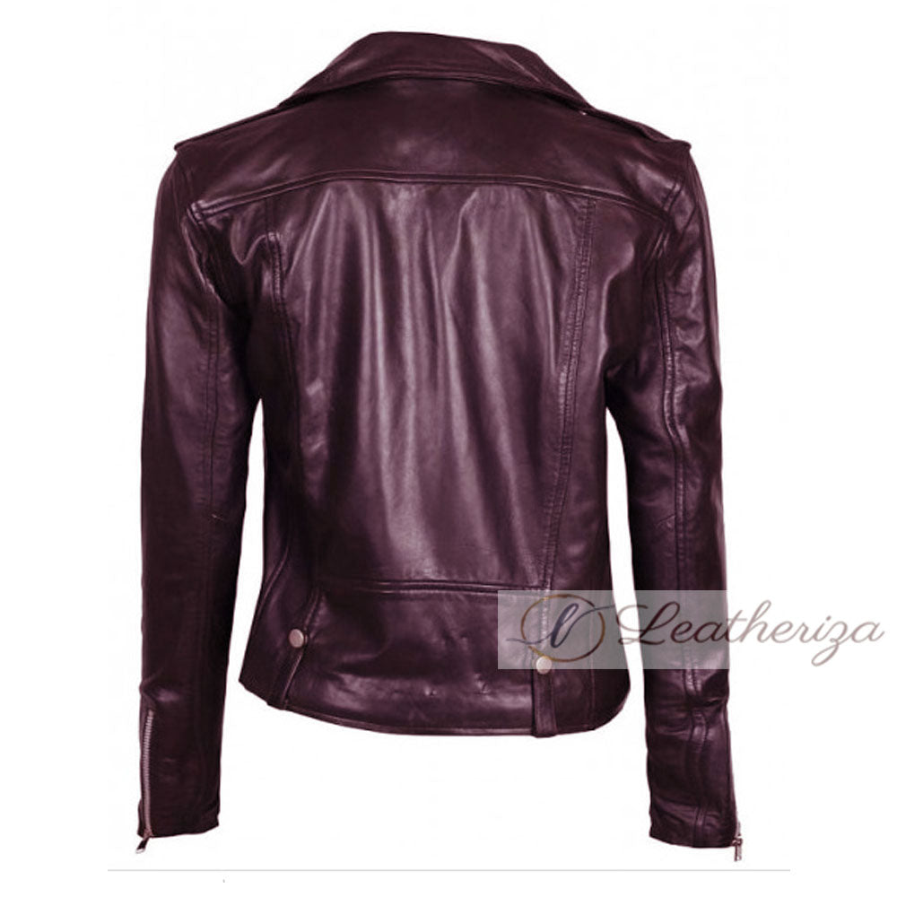 Stylish Burgundy Women's Biker Leather Jacket