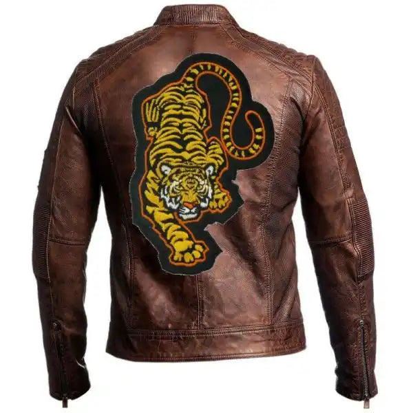 Vintage Tiger Motorcycle Brown Cafe Racer Leather Jacket