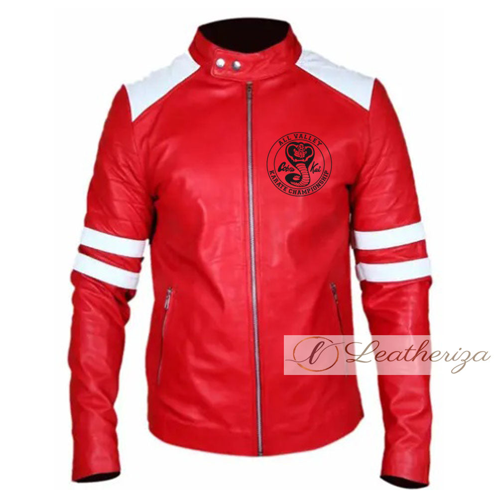 Red & White Cobra Kai Leather Jacket For Men