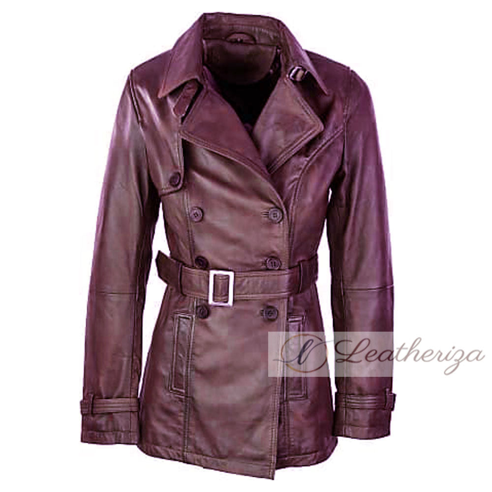 Elegant Women's Burgundy Leather Coat