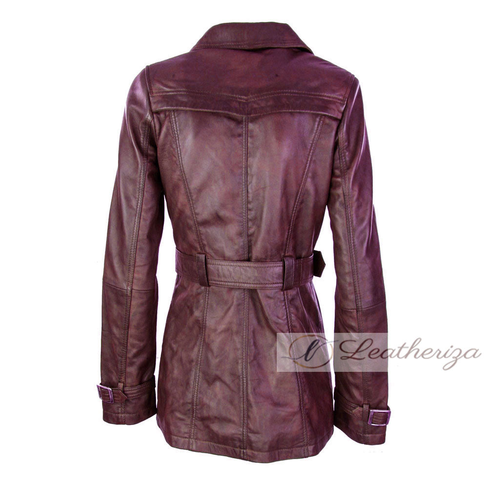 Elegant Women's Burgundy Leather Coat