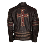 Men's Brown Christ Embellished Designer Leather Jacket