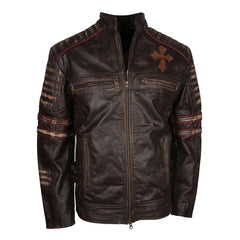 Men's Brown Christ Embellished Designer Leather Jacket