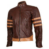 Men's Tan Brown Distressed Leather Jacket with Strips