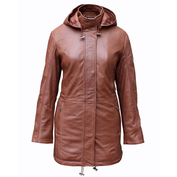 Women's Stylish Brown Leather Coat with Hood