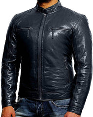 Men Plain Blue Vintage Leather Jacket