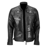Men Black Leather Biker Jacket - Live Free & Ride Free