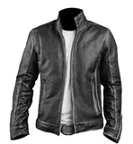 Men's Biker Black Leather Jacket with Embossed Skull and Bones Style