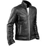 Men's Biker Black Leather Jacket with Embossed Skull and Bones Style