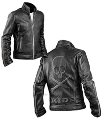 Men's Biker Black Leather Jacket with Embossed Skull and Bones Style