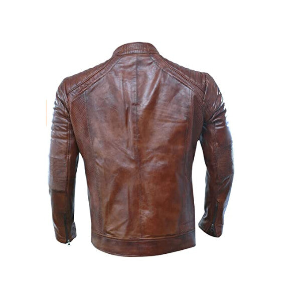 Men's Brown Zip Embellished Leather Jacket