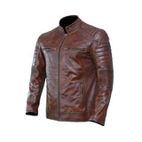 Men's Brown Zip Embellished Leather Jacket