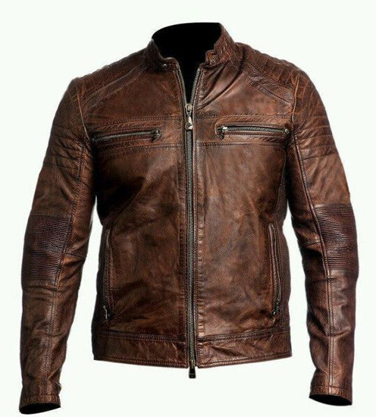 Men?s Brown Racer Death Skull Leather Jacket