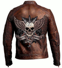 Men?s Brown Racer Death Skull Leather Jacket