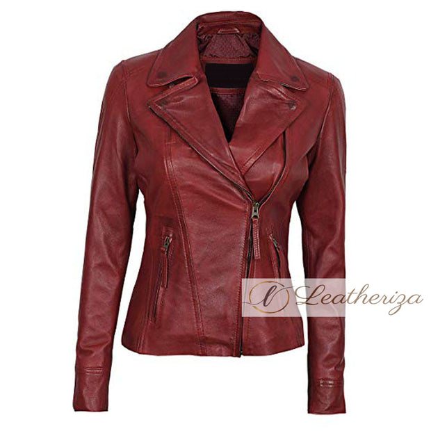 Dark Red Vintage Classic Red Leather Jacket For Women