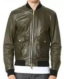 OLIVE GREEN LEATHER BOMBER JACKET