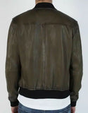 OLIVE GREEN LEATHER BOMBER JACKET