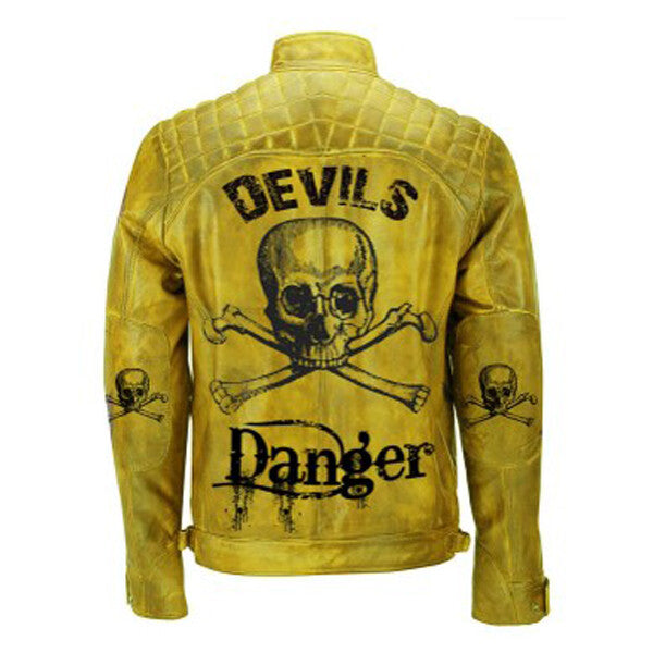 Men's Yellow Devil's Skull Danger Biker Vintage Leather Jacket