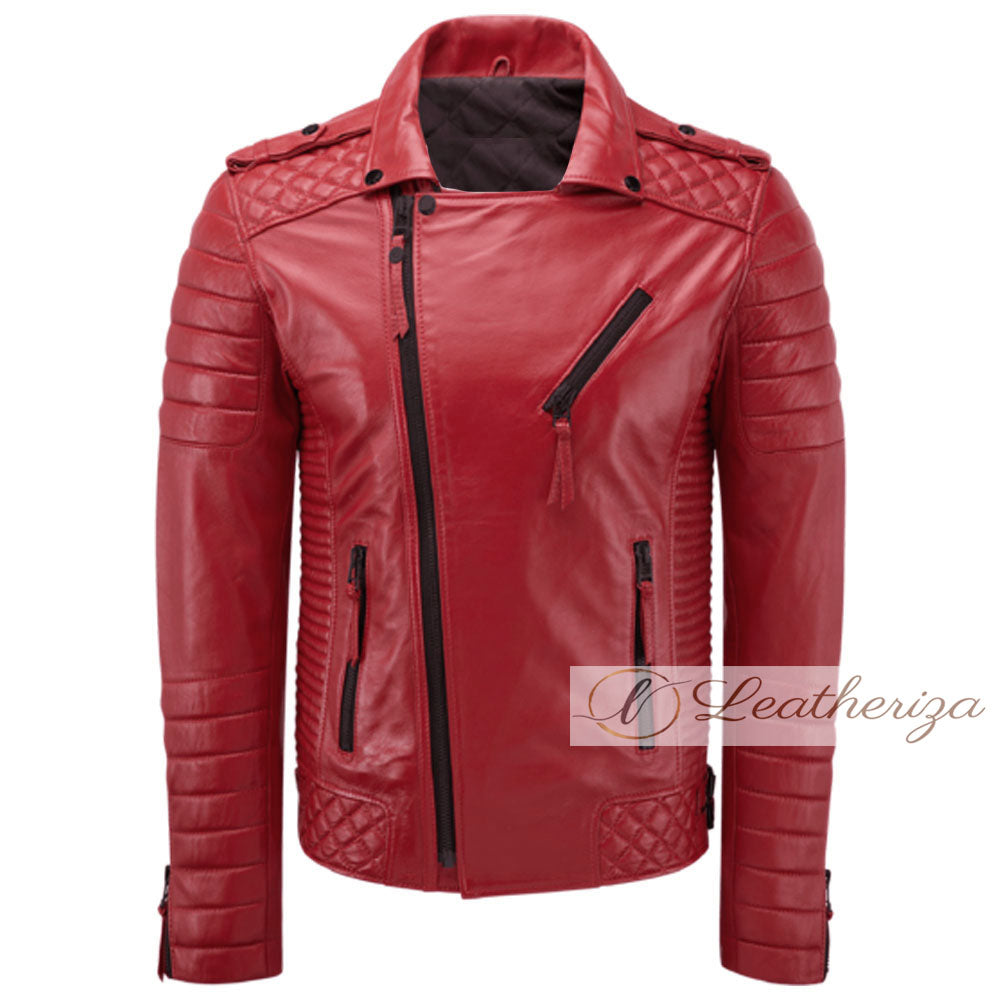 Crimson Red Stylish Biker Racer Leather Jacket For Men