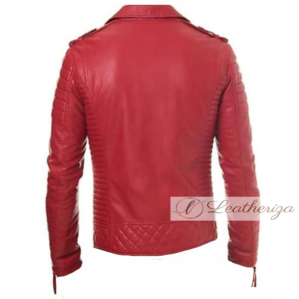 Crimson Red Stylish Biker Racer Leather Jacket For Men
