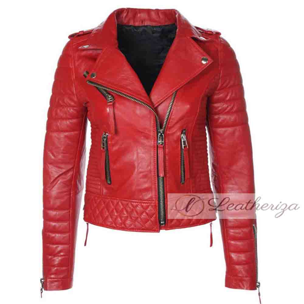 Red Biker Racer Stylish Women Leather Jacket