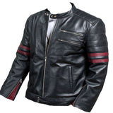 Men's Retro Black Leather Jacket with Strips