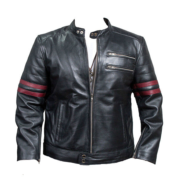Men's Retro Black Leather Jacket with Strips