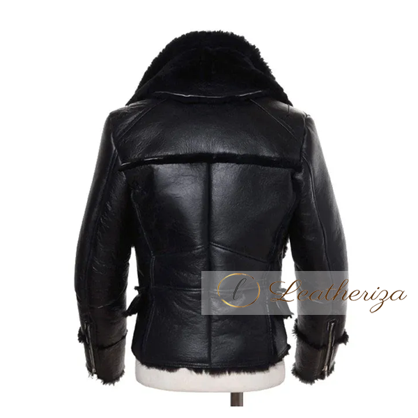 Black Biker Shearling Leather Jacket