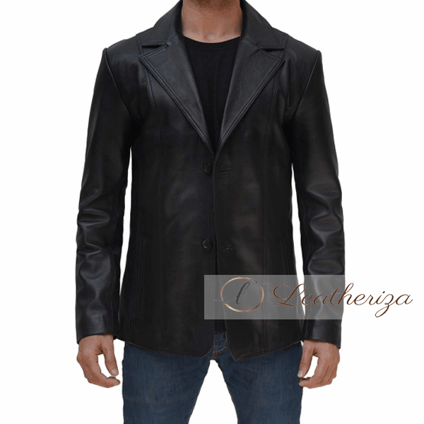 Black Leather Blazer Jacket for Men