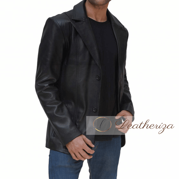 Black Leather Blazer Jacket for Men