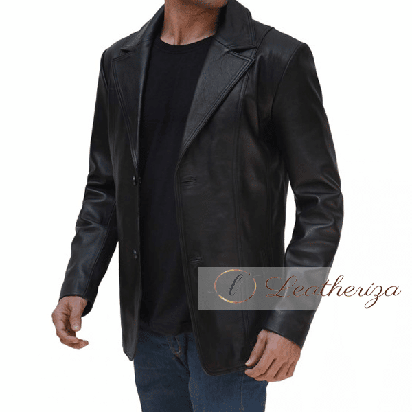 Black Leather Blazer Jacket for Men